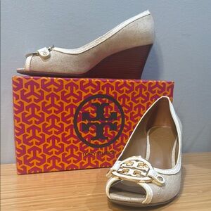 Tory Burch Cream Peep-Toe Wedges